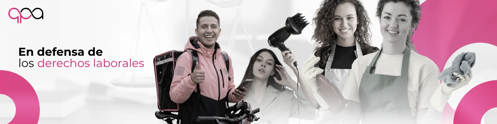QPAlliance, en defensa de los derechos laborales — collage de perfiles diversos: ejecutivo, repartidor, peluquero y modelo